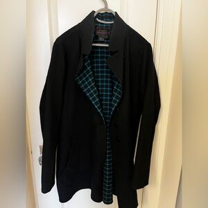 Nina McLemore Black Wool Car Coat with Cute Blue Check Lining